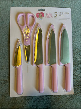 Paris Hilton Pink 5 pcs cutlery knife set kitchen shears paring bread chef, New